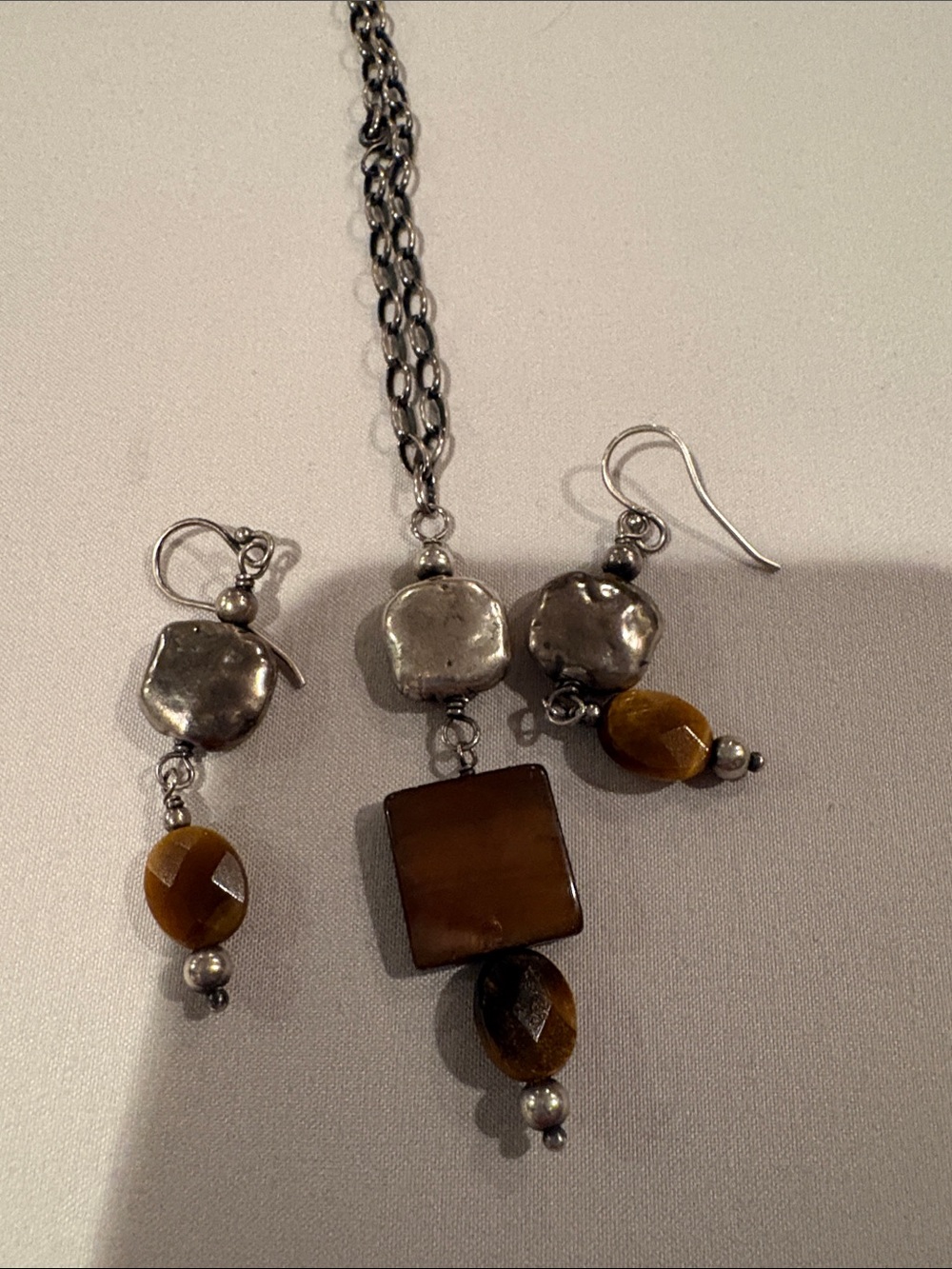 Silpada Silver Necklace and Earrings Set with Tiger Eye Gemstone Accents - Picture 2 of 3